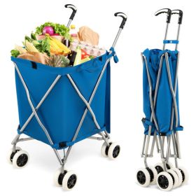 Folding Shopping Utility Cart with Water-Resistant Removable Canvas Bag (Color: Blue)